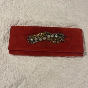 Club Monica PRIYA clutch red & gray suede with mixed metal chains & rhinestones